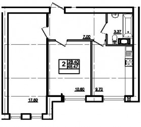 Двухкомнатная квартира 48.47 м²