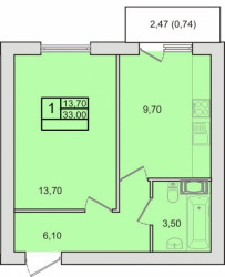 Однокомнатная квартира 33 м²