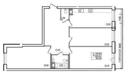 Трёхкомнатная квартира 85.29 м²