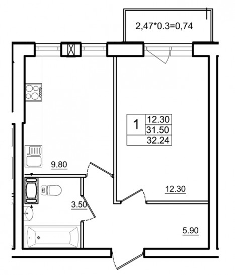 Однокомнатная квартира 31.5 м²