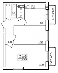Двухкомнатная квартира 51.94 м²