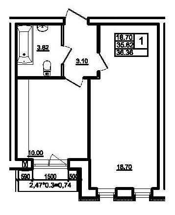 Однокомнатная квартира 35.62 м²