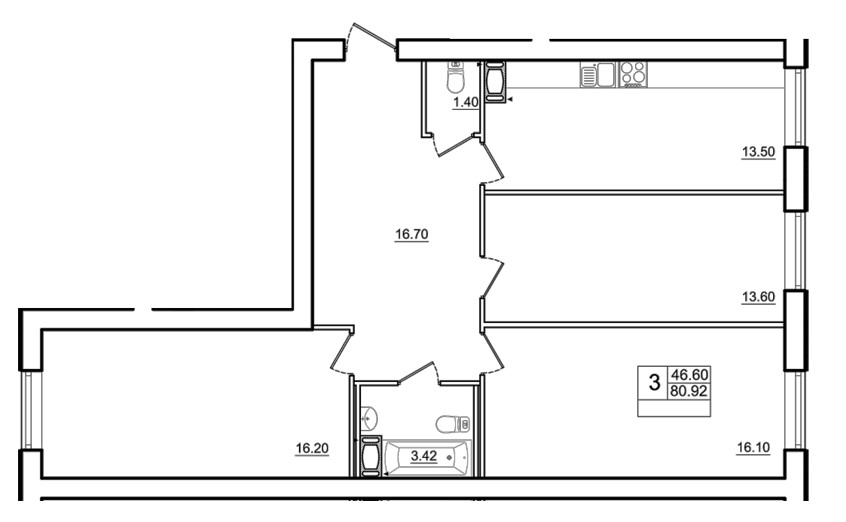 Трёхкомнатная квартира 80.92 м²