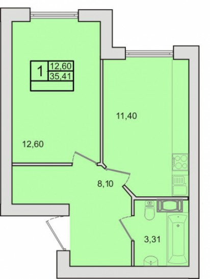 Однокомнатная квартира 35.41 м²