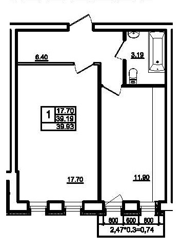 Однокомнатная квартира 39.19 м²