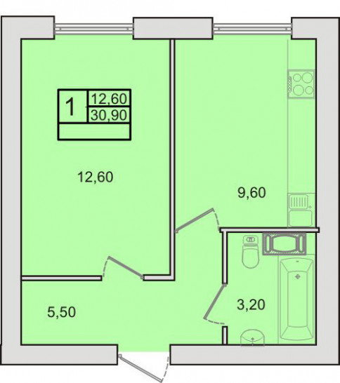 Однокомнатная квартира 30.9 м²