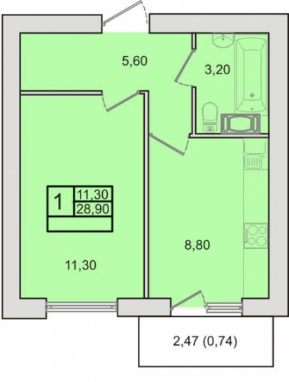 Однокомнатная квартира 28.9 м²