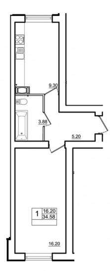 Однокомнатная квартира 34.58 м²