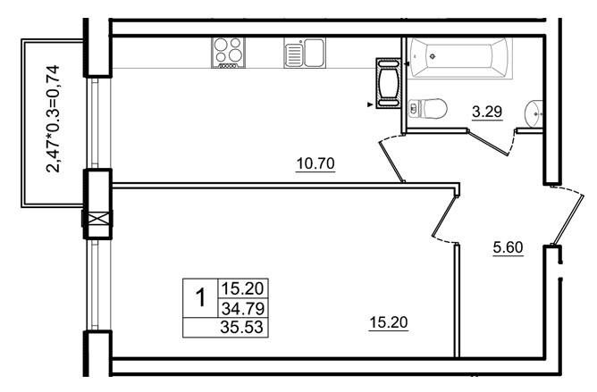 Однокомнатная квартира 35.53 м²