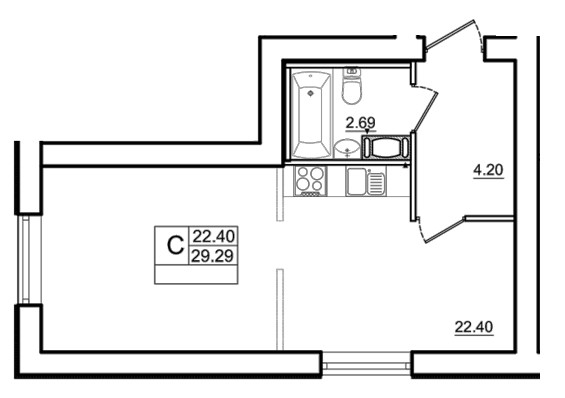 Студия 29.29 м²
