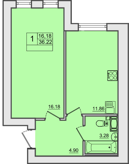 Однокомнатная квартира 36.22 м²