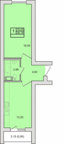 Однокомнатная квартира 36.78 м²