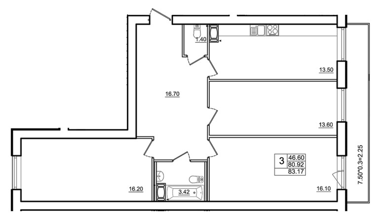 Трёхкомнатная квартира 83.17 м²