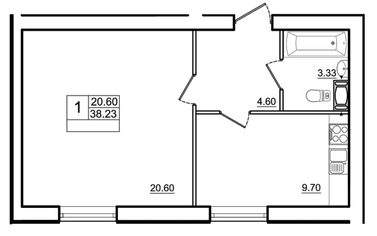 Однокомнатная квартира 38.23 м²