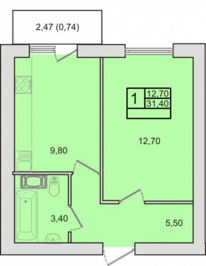 Однокомнатная квартира 31.4 м²