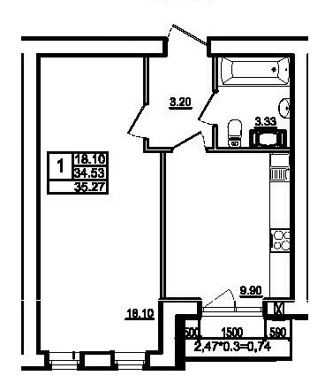 Однокомнатная квартира 34.53 м²