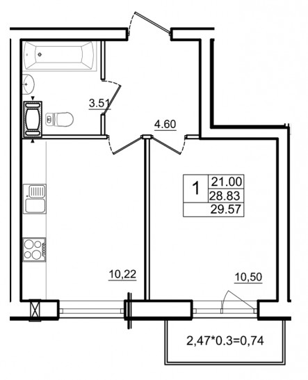 Однокомнатная квартира 29.57 м²