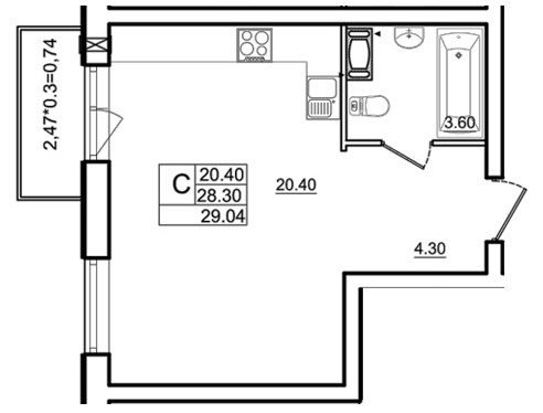 Студия 29.04 м²