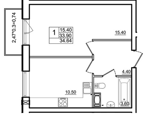 Однокомнатная квартира 34.64 м²