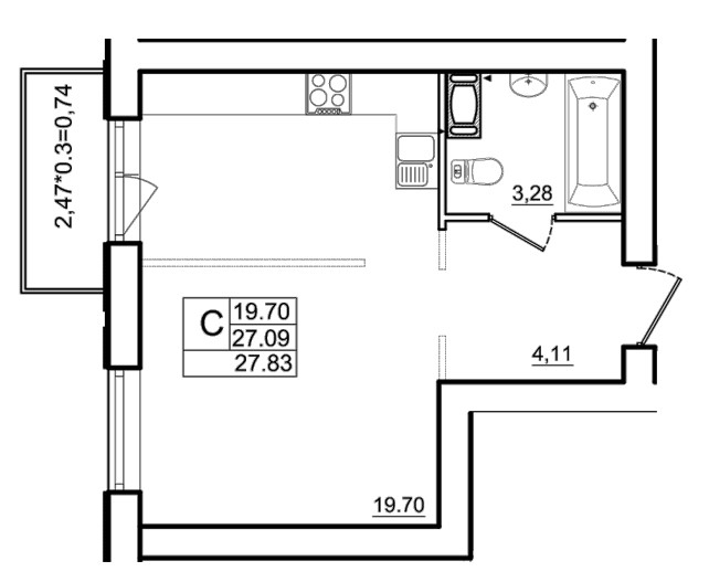 Студия 27.83 м²